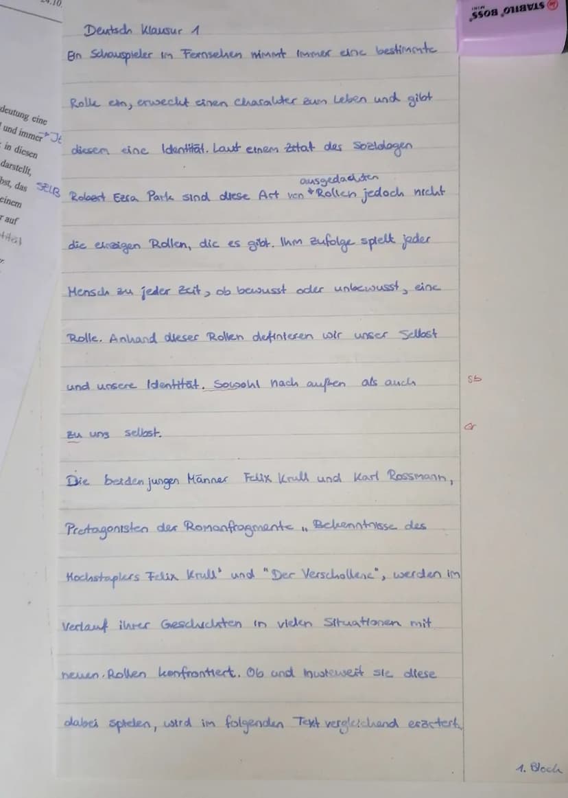 LK Deutsch (KS 2), 1. Klausur
Werkvergleich
Thema
Franz Kafka (1883-1924): Der Verschollene
Thomas Mann (1875-1955): Bekenntnisse des Hochst