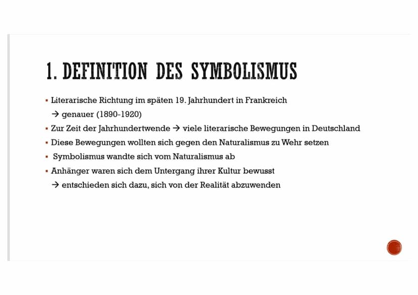 DER SYMBOLISMUS
(1890-1920)
Von: ... INHALTSVERZEICHNIS
1. Definition der Literaturepoche
2.
Hintergrundsinformationen
3. Themen des Symboli