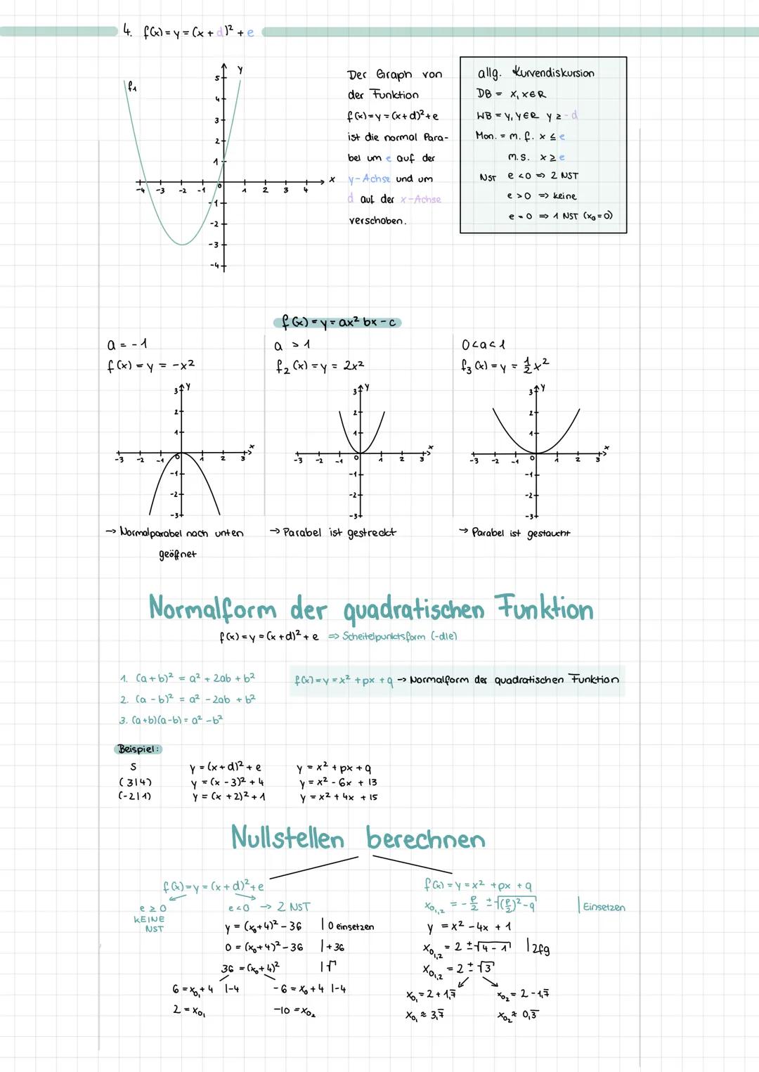 # Quadratische Funktionen

f(x)=y=ax² bx + c
a ≠ 0 | a,b,c ∈ R

ax - Quadratisches Glied
bx - Lineares Glied
c - absolutes Glied

1. f(x)=y=