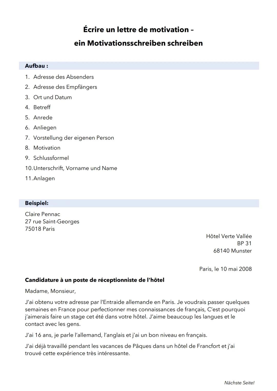 Ecrire un lettre de motivation - ein Motivations-/ Bewerbungsschreiben schreiben