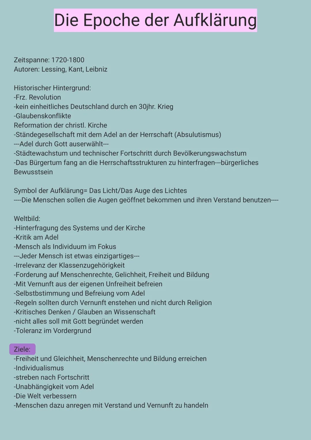 Die Epoche der Aufklärung
Zeitspanne: 1720-1800
Autoren: Lessing, Kant, Leibniz
Historischer Hintergrund:
-Frz. Revolution
-kein einheitlich