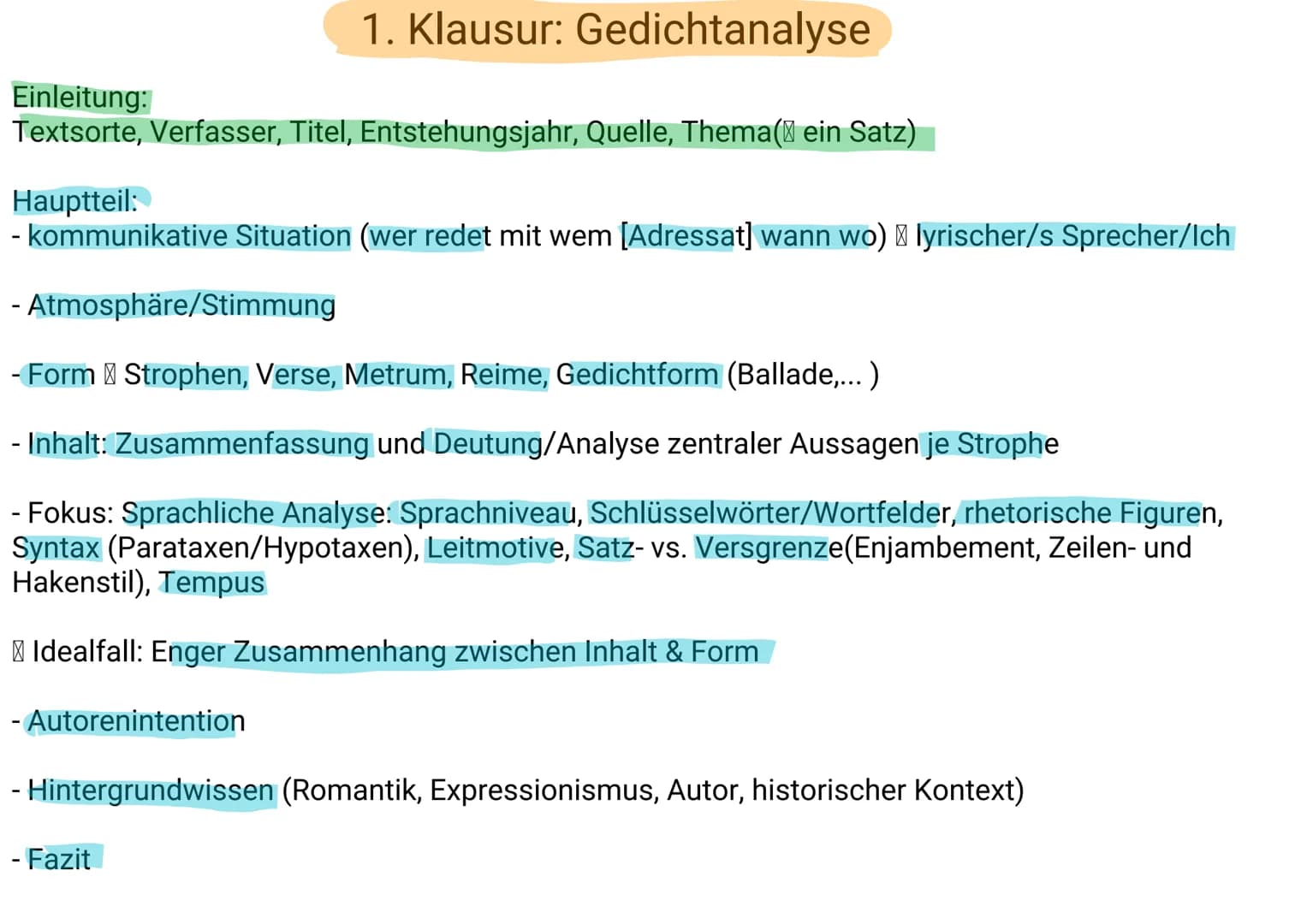 1. Klausur: Gedichtanalyse
Einleitung:
Textsorte, Verfasser, Titel, Entstehungsjahr, Quelle, Thema( ein Satz)
Hauptteil:
- kommunikative Sit