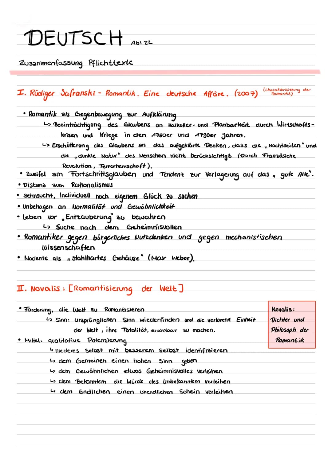 DEUTSCH
Zusammenfassung Pflichttexte
Abi 22
●
I. Rüdiger Safranski - Romantik. Eine deutsche Affäre. (2007)
Romantik als Gegenbewegung zur A