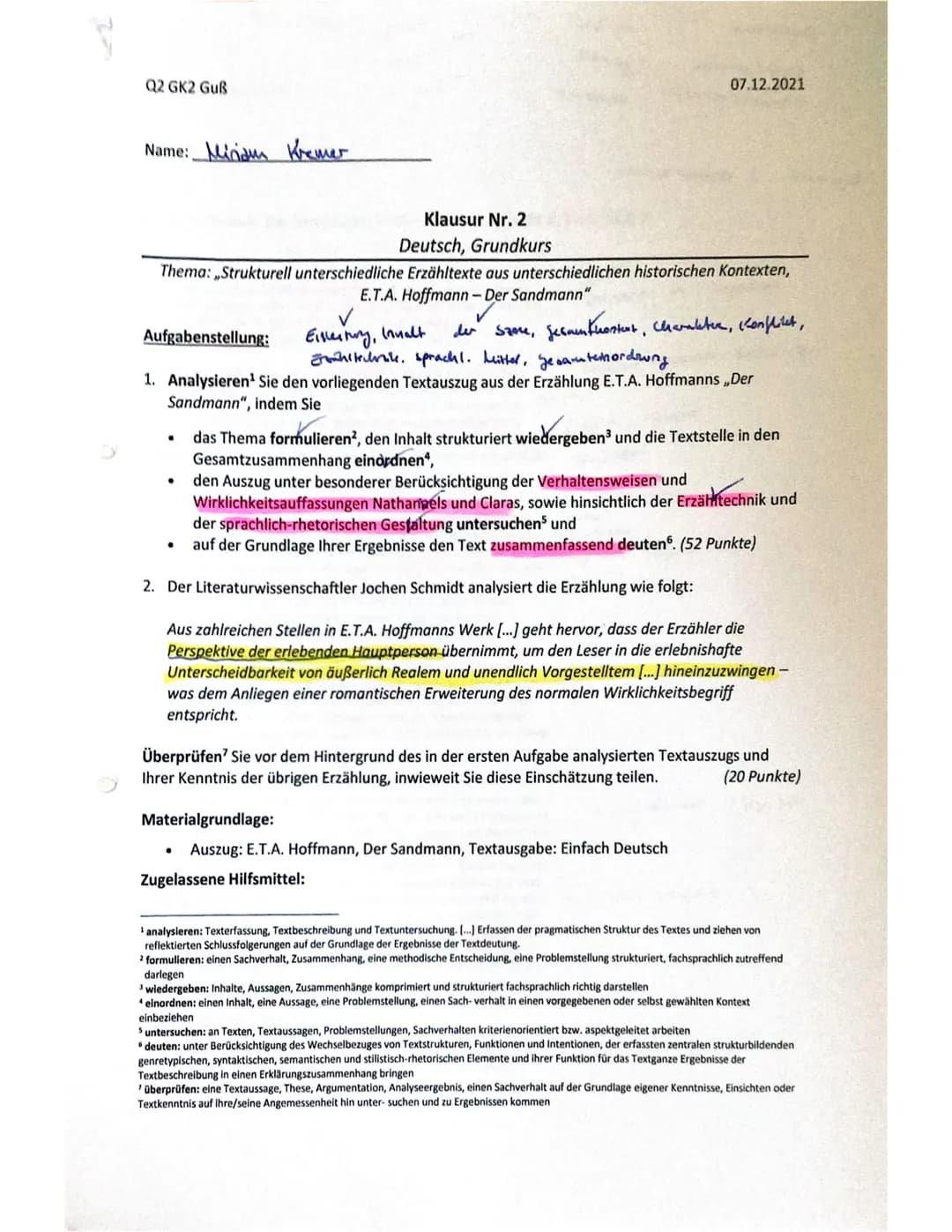 Q2 GK2 Guß
Name: Miriam Kremer
Klausur Nr. 2
Deutsch, Grundkurs
Thema: „Strukturell unterschiedliche Erzähltexte aus unterschiedlichen histo