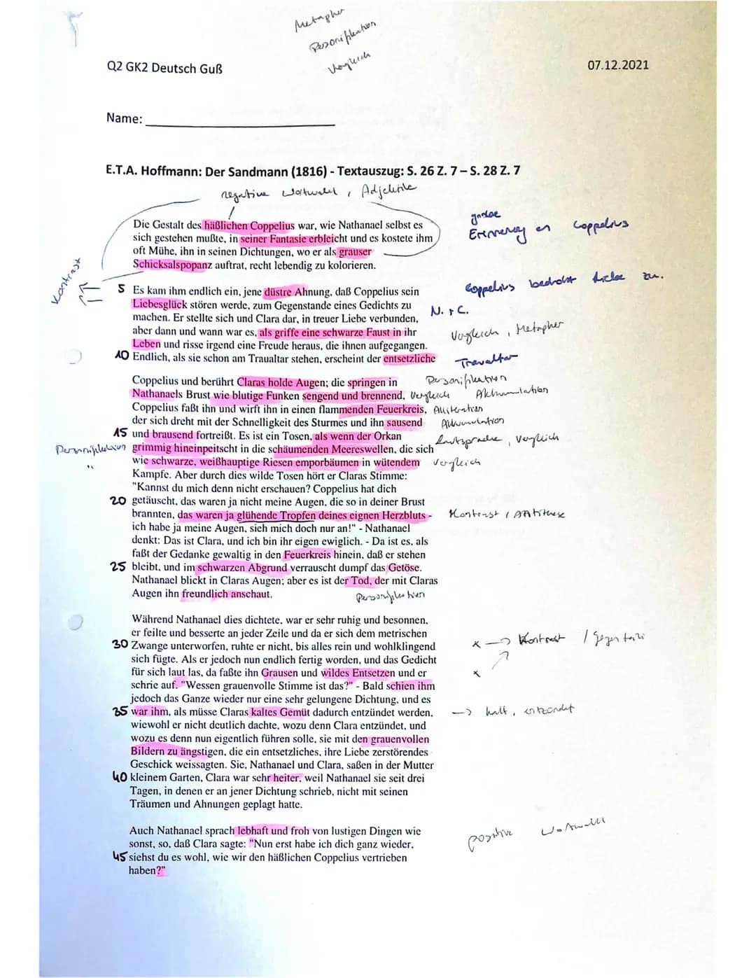 Q2 GK2 Guß
Name: Miriam Kremer
Klausur Nr. 2
Deutsch, Grundkurs
Thema: „Strukturell unterschiedliche Erzähltexte aus unterschiedlichen histo