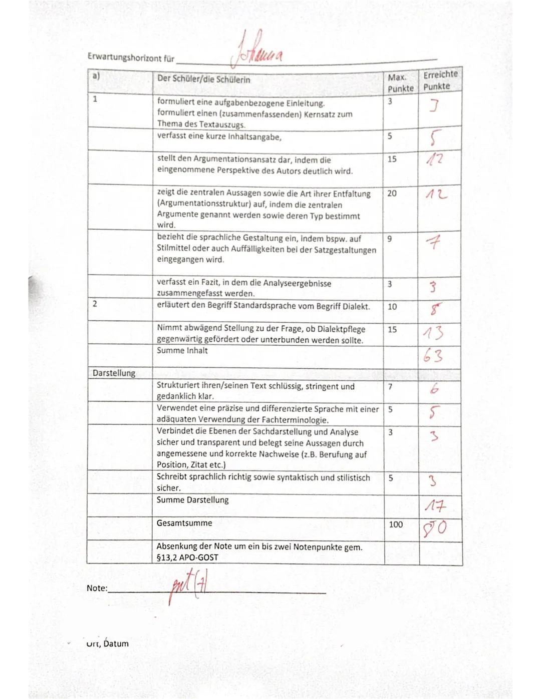 Erwartungshorizont für
a)
1
2
Darstellung
Note:
urt, Datum
Johanna
Der Schüler/die Schülerin
formuliert eine aufgabenbezogene Einleitung.
fo