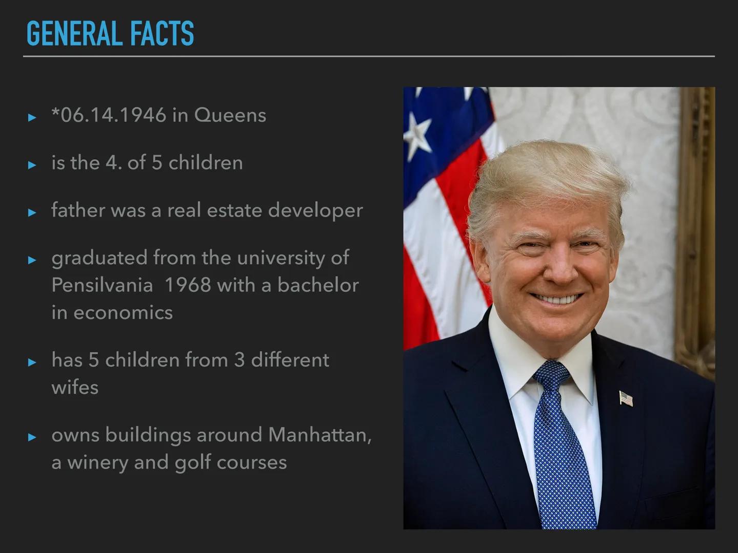 PRESIDENT

DONALD JOHN TRUMP CONTENT

general facts

electoral promises

immigrants and minority groups

achievements during his reign

fun 