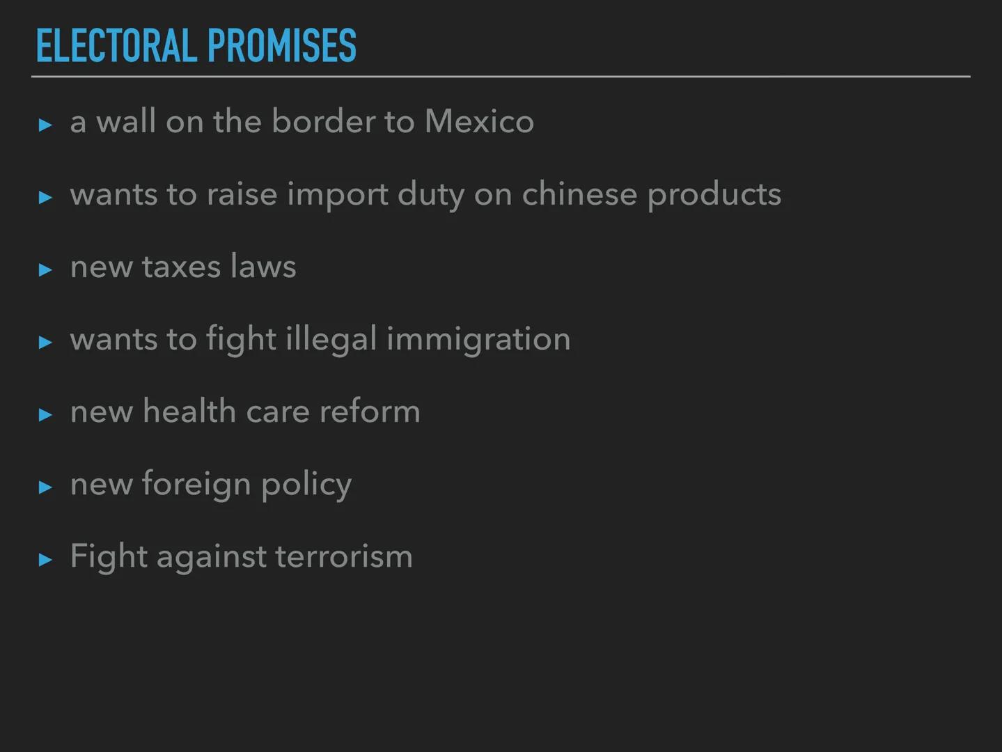 PRESIDENT

DONALD JOHN TRUMP CONTENT

general facts

electoral promises

immigrants and minority groups

achievements during his reign

fun 