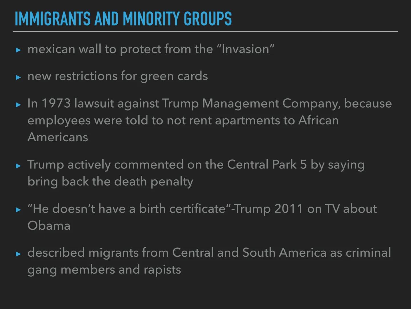 PRESIDENT

DONALD JOHN TRUMP CONTENT

general facts

electoral promises

immigrants and minority groups

achievements during his reign

fun 