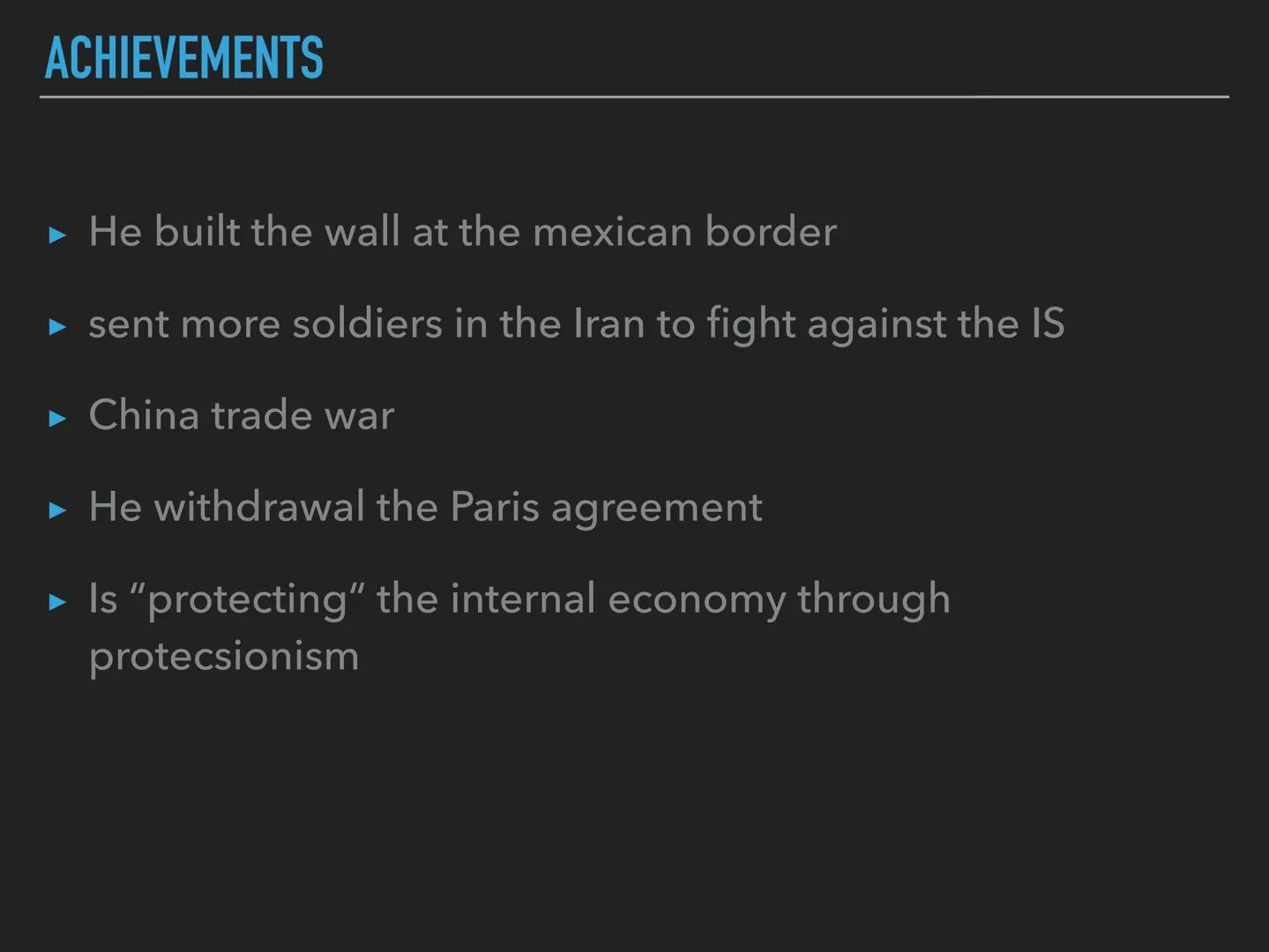 PRESIDENT

DONALD JOHN TRUMP CONTENT

general facts

electoral promises

immigrants and minority groups

achievements during his reign

fun 