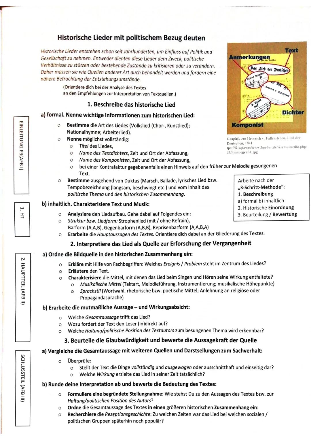 EINLEITUNG FB(AFB I)
1. HT
2. HAUPTTEIL (AFB II)
SCHLUSSTEIL (AFB III)
Historische Lieder mit politischem Bezug deuten
Historische Lieder en