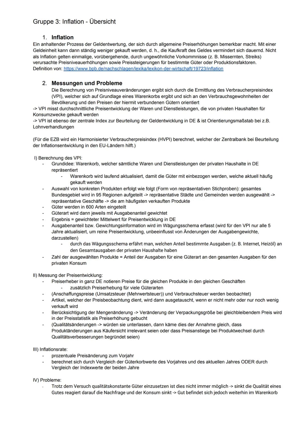 Gruppe 3: Inflation - Übersicht
1. Inflation
Ein anhaltender Prozess der Geldentwertung, der sich durch allgemeine Preiserhöhungen bemerkbar