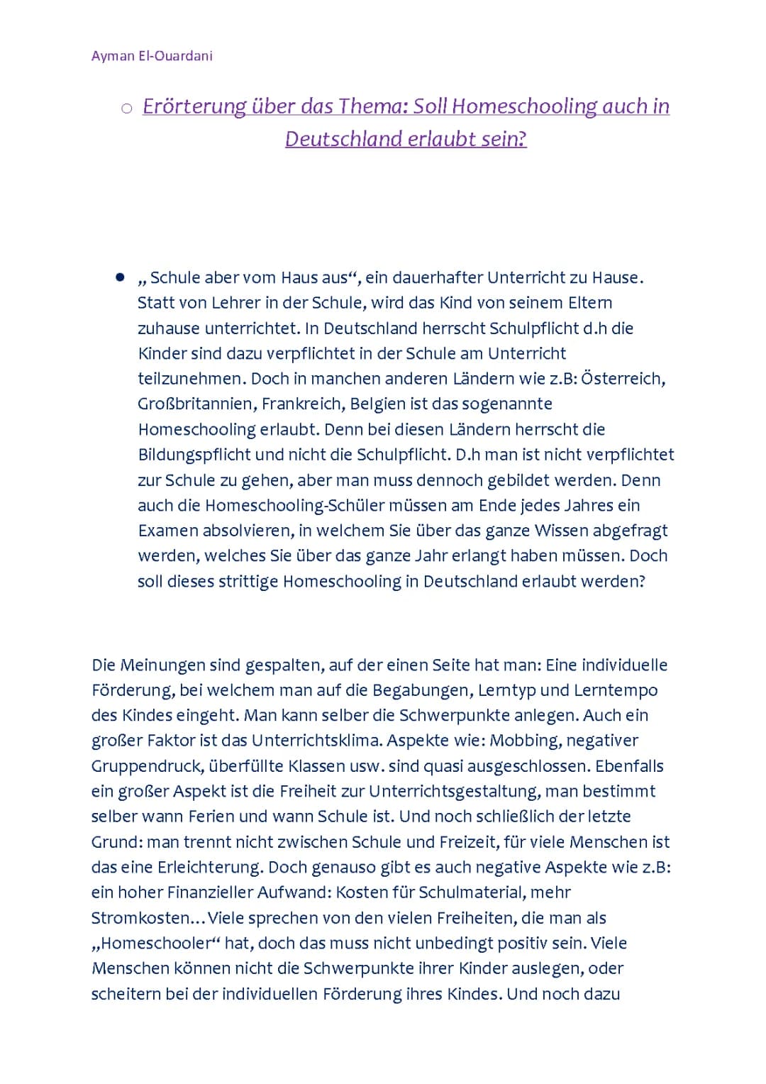 Erörterung Homeschooling