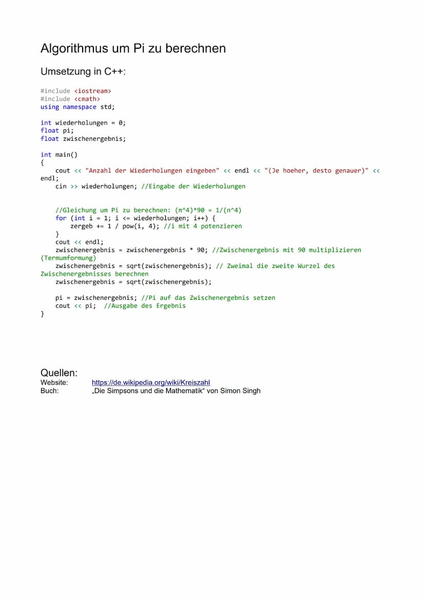 Algorithmus um Pi zu berechnen
Die Kreiszahl Pi ist eine mathematische Konstante, die als Verhältnis des Umfangs
eines Kreises zu seinem Dur
