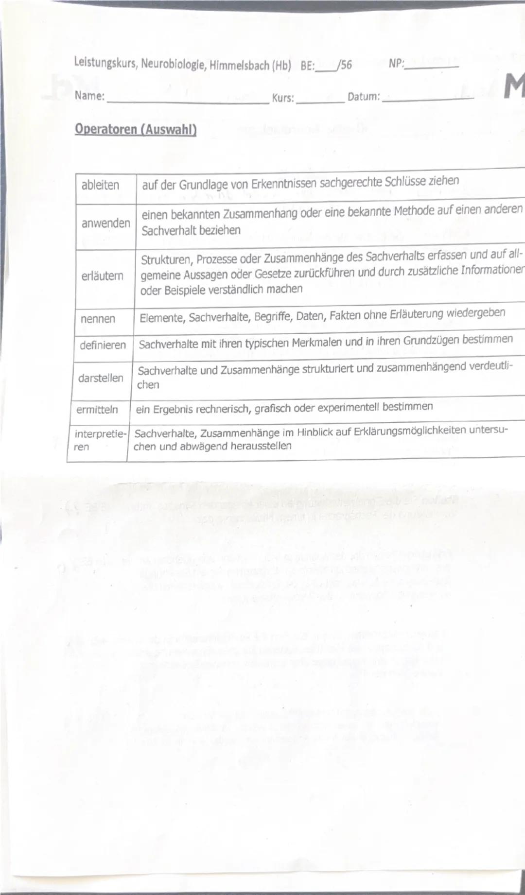 --- OCR Start ---
Leistungskurs, Neurobiologie, Himmelsbach (Hb) BE: 43/56
Name: Viven
Kurs:
NP: 12 12
Datum:
Klausur Neurobiologie
Aufgaben