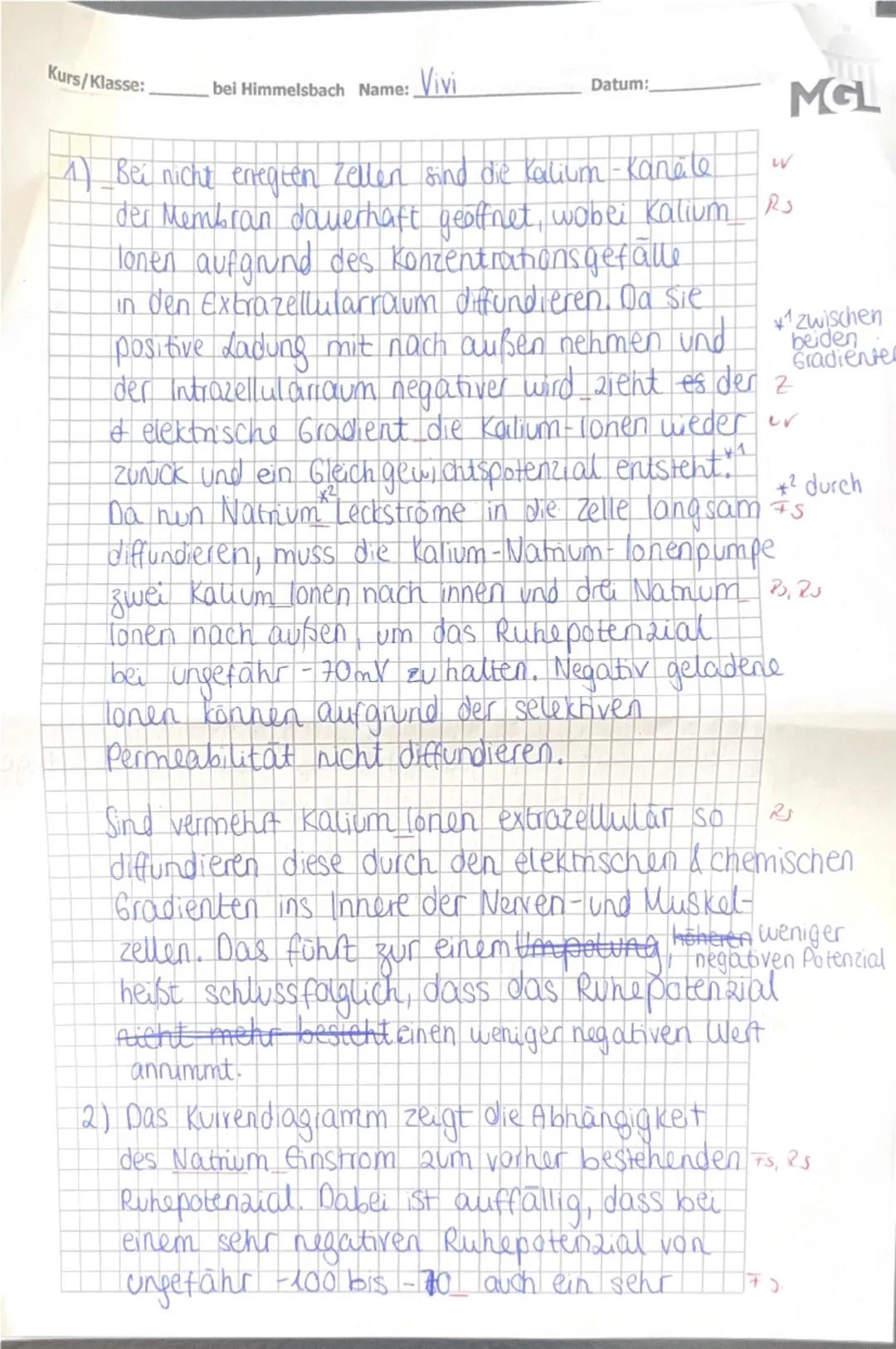 --- OCR Start ---
Leistungskurs, Neurobiologie, Himmelsbach (Hb) BE: 43/56
Name: Viven
Kurs:
NP: 12 12
Datum:
Klausur Neurobiologie
Aufgaben