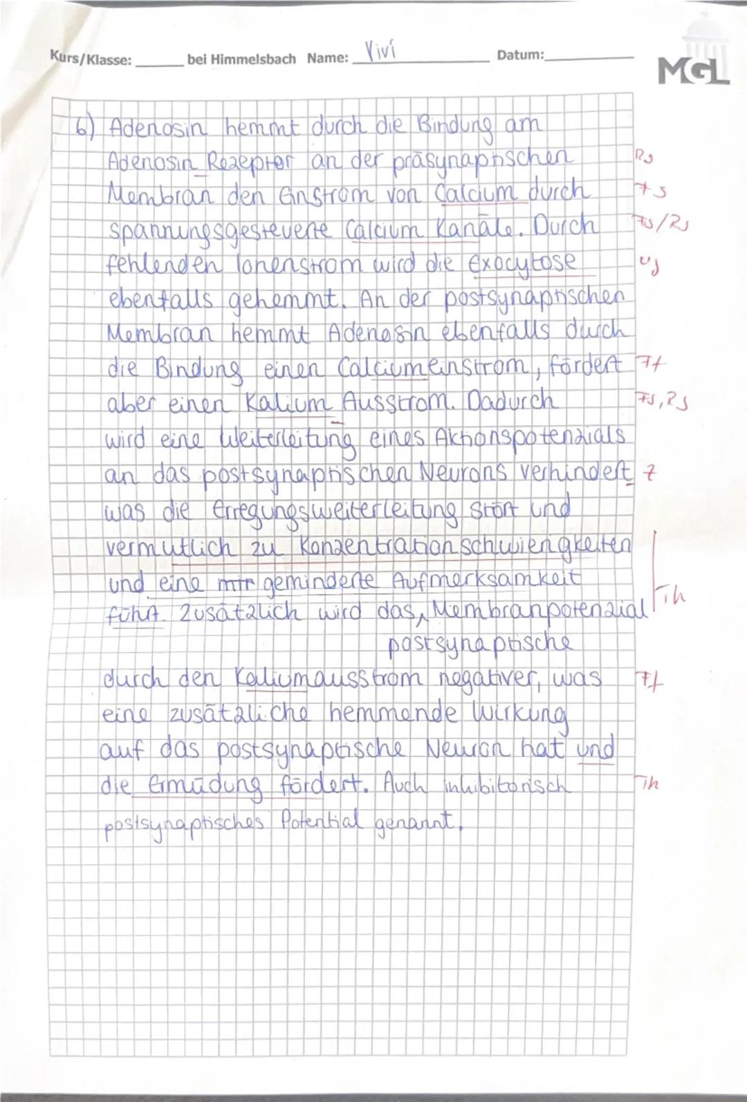 --- OCR Start ---
Leistungskurs, Neurobiologie, Himmelsbach (Hb) BE: 43/56
Name: Viven
Kurs:
NP: 12 12
Datum:
Klausur Neurobiologie
Aufgaben