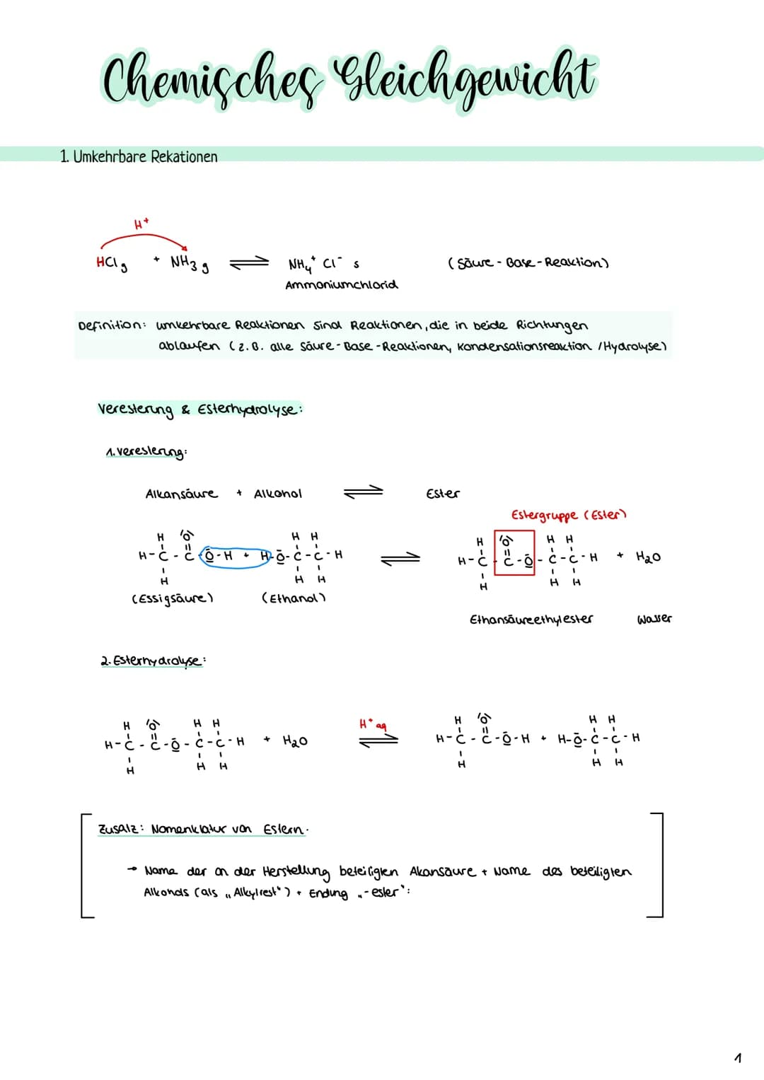 Chemisches Gleichgewicht
1. Umkehrbare Rekationen
HCl g
H*
+
NH3 9
H-
Definition: umkehrbare Reaktionen sind Reaktionen, die in beide Richtu