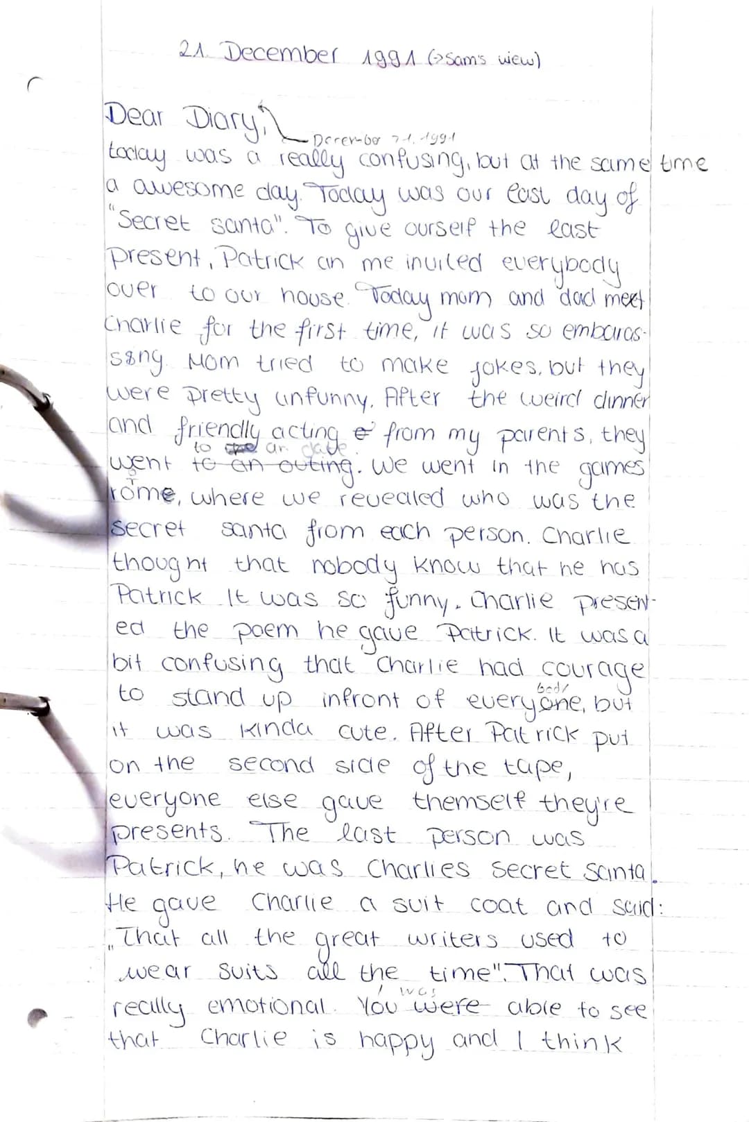 21 December 1991 (>Sam's wiew)
Dear Diary, December 7.1. 1981
Over
today was a really confusing, but at the same time
a awesome day. Today w