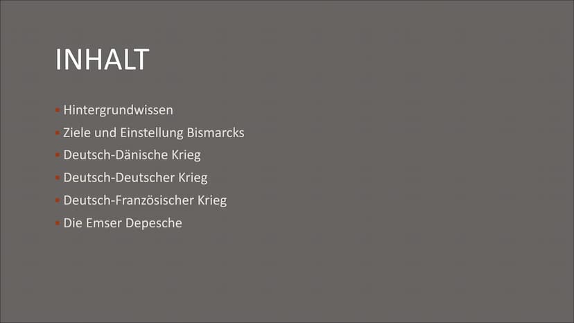 DIE DEUTSCHEN
EINIGUNGSKRIEGE
1864-1871 INHALT
■
Hintergrundwissen
Ziele und Einstellung Bismarcks
Deutsch-Dänische Krieg
Deutsch-Deutscher 