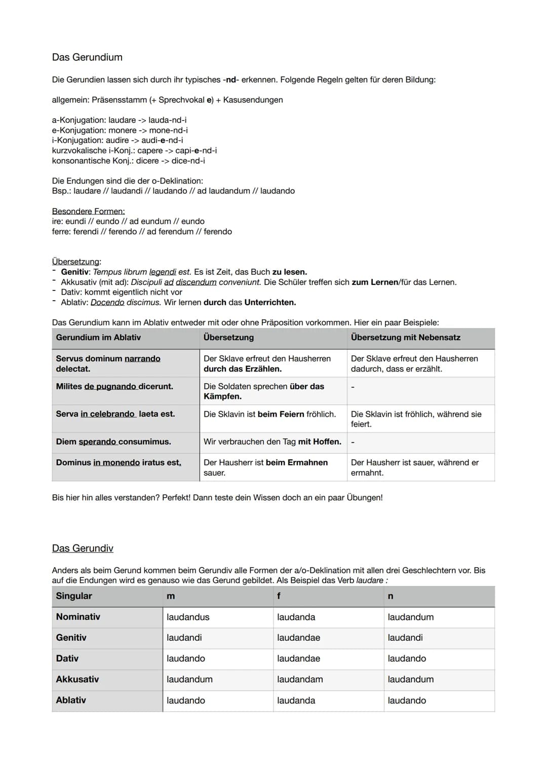 Das Gerundium
Die Gerundien lassen sich durch ihr typisches -nd- erkennen. Folgende Regeln gelten für deren Bildung:
allgemein: Präsensstamm