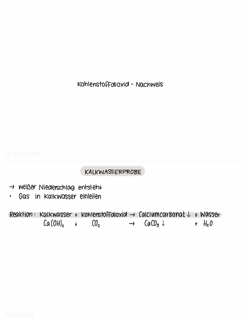QUESTION
Sauerstoff-Nachweis
ANSWER
GLIMMSPAHNPROBE
→ aufleuchten oder aufflammen
ein glimmender Holzspahn wird in entstandenes Gas gehalten
