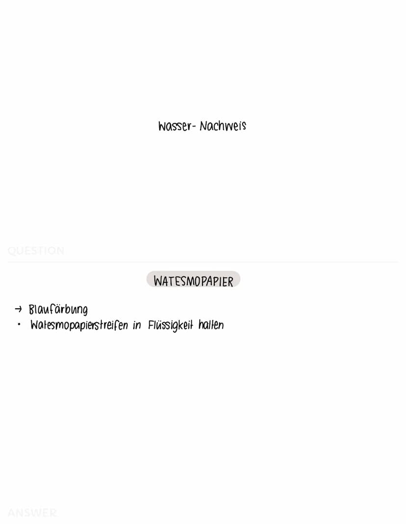 QUESTION
Sauerstoff-Nachweis
ANSWER
GLIMMSPAHNPROBE
→ aufleuchten oder aufflammen
ein glimmender Holzspahn wird in entstandenes Gas gehalten