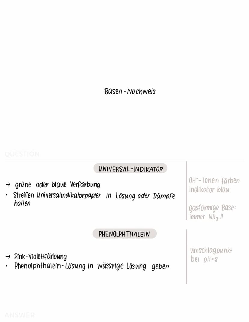 QUESTION
Sauerstoff-Nachweis
ANSWER
GLIMMSPAHNPROBE
→ aufleuchten oder aufflammen
ein glimmender Holzspahn wird in entstandenes Gas gehalten