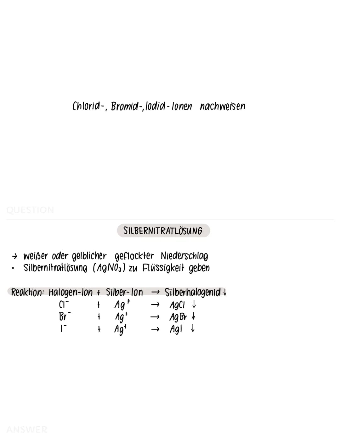 QUESTION
Sauerstoff-Nachweis
ANSWER
GLIMMSPAHNPROBE
→ aufleuchten oder aufflammen
ein glimmender Holzspahn wird in entstandenes Gas gehalten
