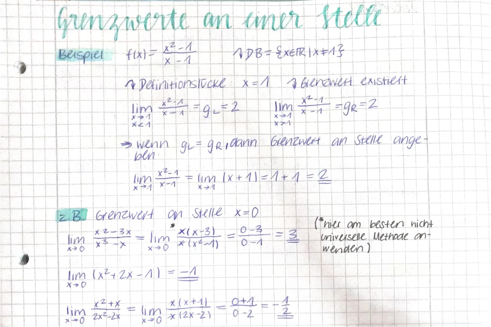 Grenzwerte an einer Stelle
f(x) =
ADB = {XEIRIX+1}
Beispiel
lim
X→ 0
X
A Definitionslucke x = 1 √ Grenzwert existiert
lim 42-4
x-1
X21
→ wen
