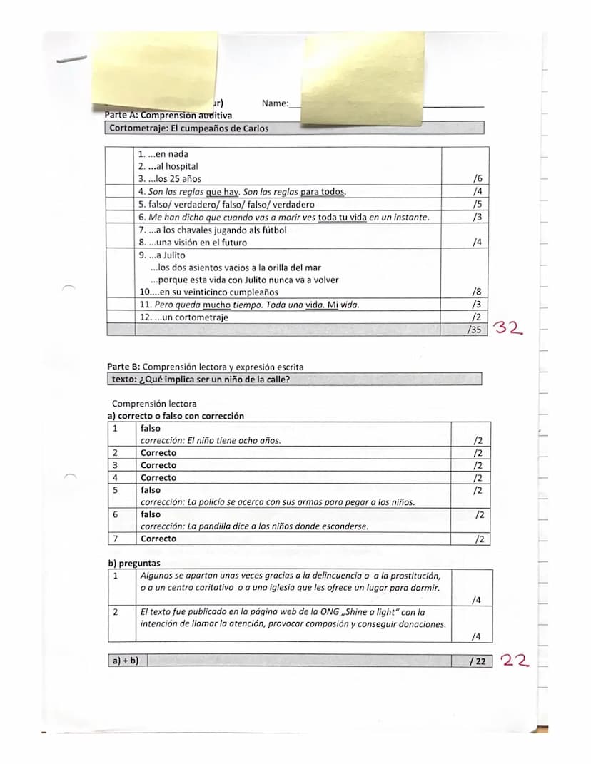 1er examen escrito
Parte A (Comprensión auditiva)
Fecha: 27
Nombre:
Vídeo: El cumpleaños de Carlos
Marca con una cruz las soluciones correct