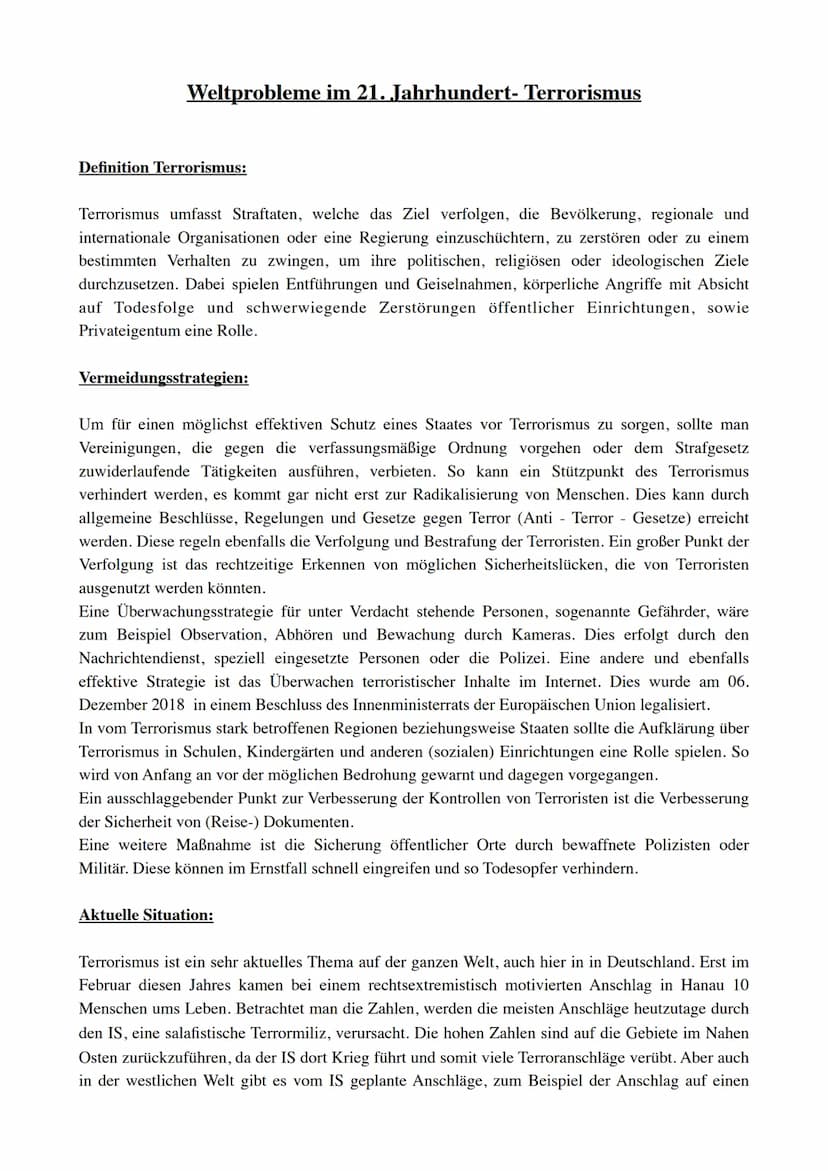 Weltprobleme im 21. Jahrhundert- Terrorismus
Definition Terrorismus:
Terrorismus umfasst Straftaten, welche das Ziel verfolgen, die Bevölker