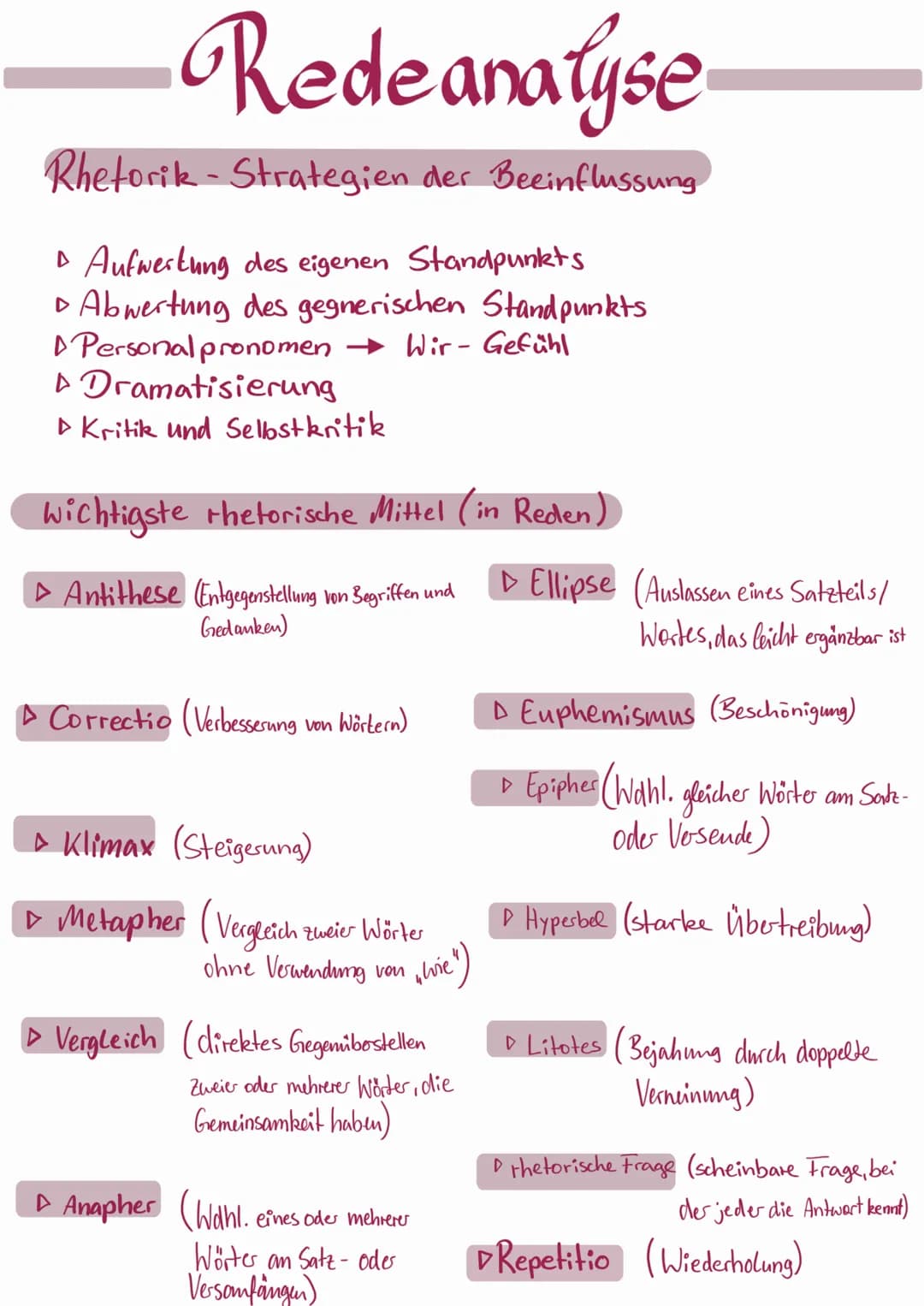 Rede analyse
Rhetorik-Strategien der Beeinflussung
▸ Aufwertung des eigenen Standpunkts
► Abwertung des gegnerischen Standpunkts
→ Wir-Gefüh