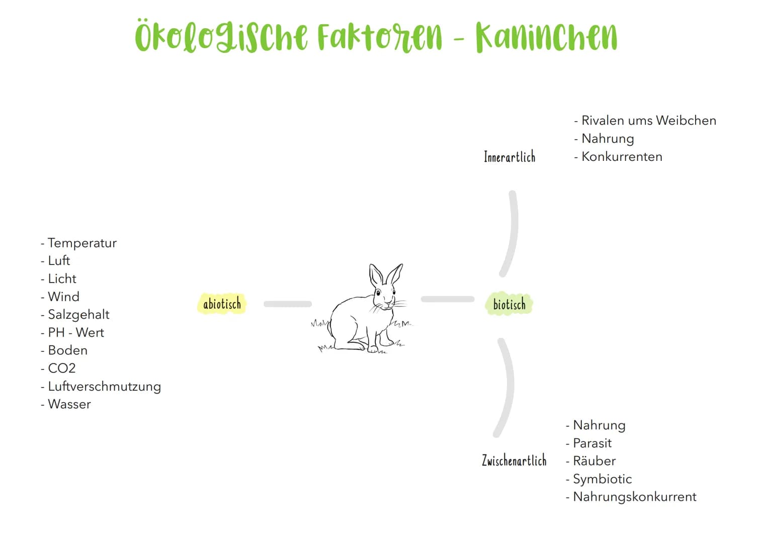 - Temperatur
Luft
- Licht
- Wind
- Salzgehalt
PH-Wert
Ökologische Faktoren - Kaninchen
- Boden
- CO2
- Luftverschmutzung
- Wasser
abiotisch
