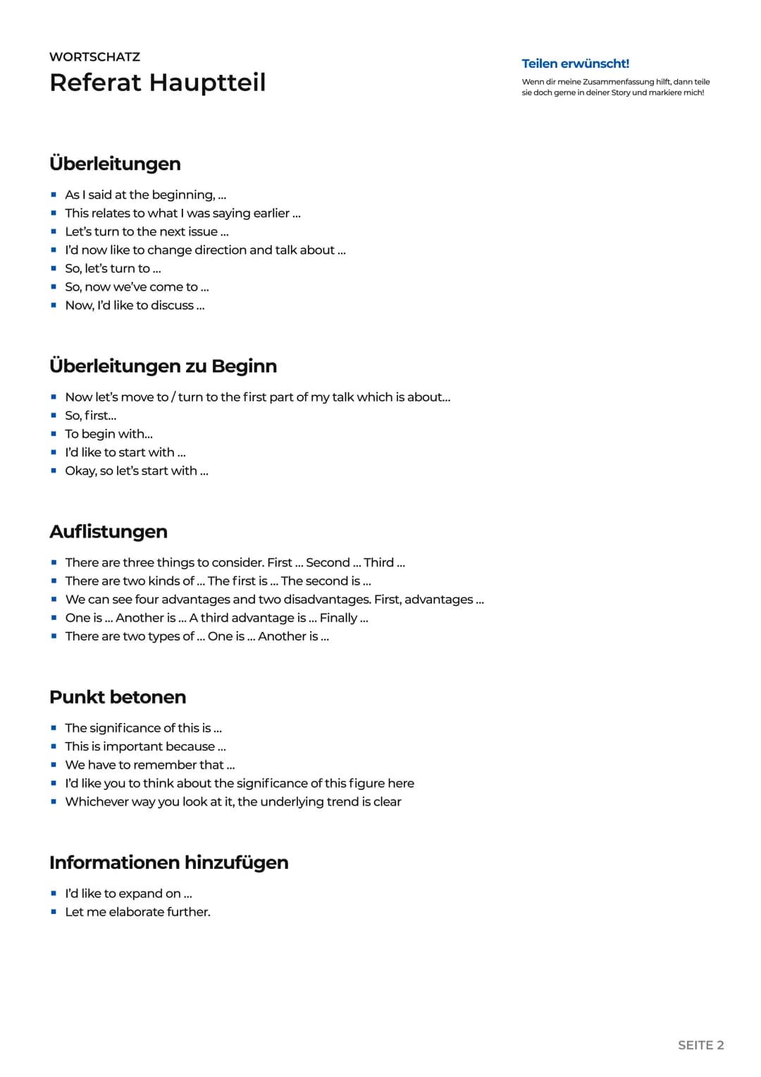 WORTSCHATZ
Referat Anfang
Begrüßung
▪ Good morning/afternoon/evening (ladies and gentlemen).
▪ Hello everyone. Thanks for coming.
▪ Hello ev