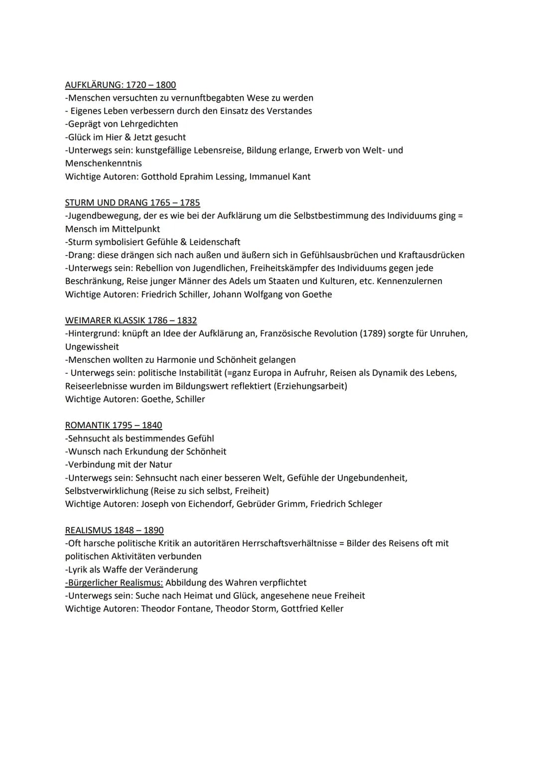 Mittelalter
860-1500
Zeitstrahl literarische Epochen
Aufklärung
1720-1800
Barock
1600-1720
Abi Lernzettel
"Unterwegs sein" - Lyrik vom Baroc