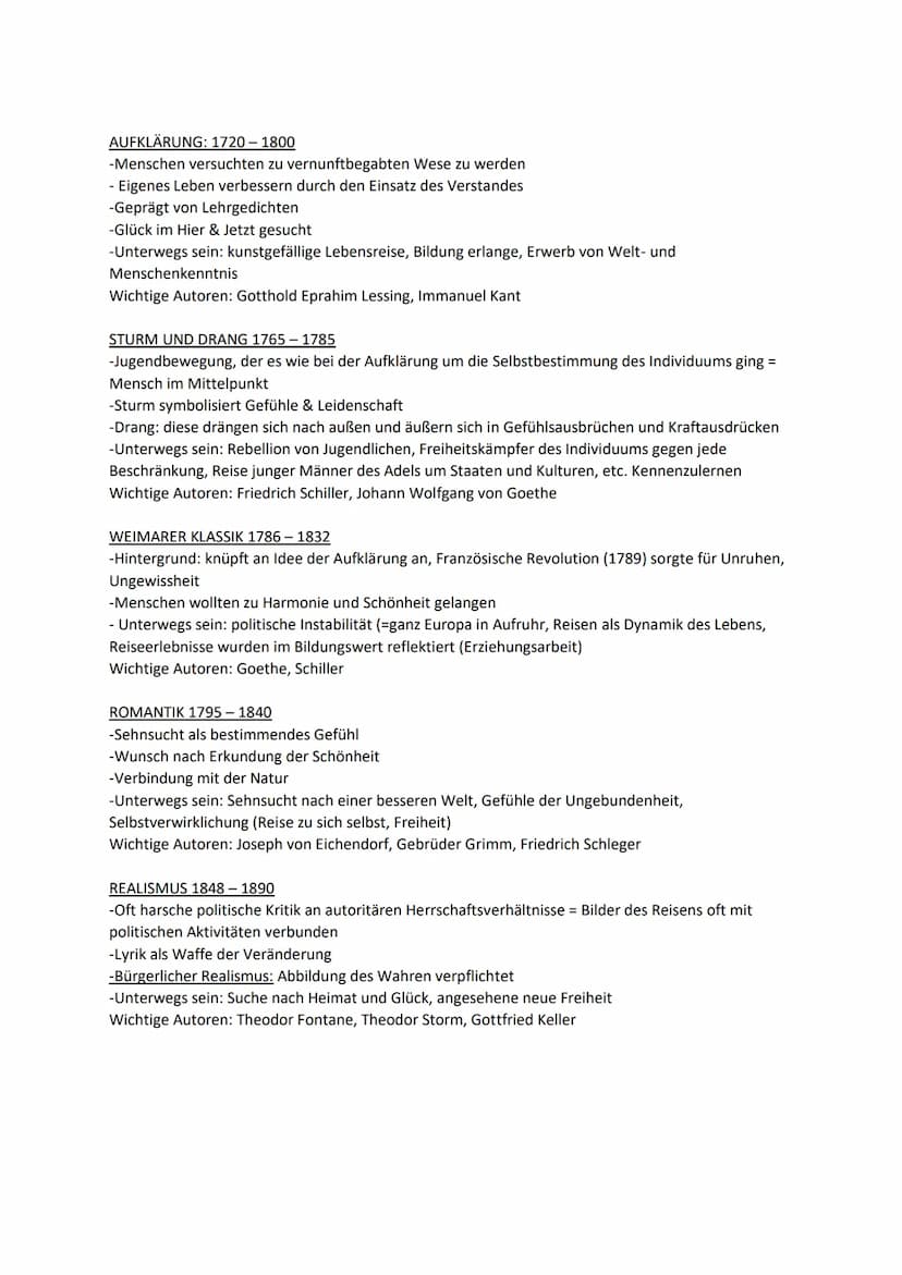 Mittelalter
860-1500
Zeitstrahl literarische Epochen
Aufklärung
1720-1800
Barock
1600-1720
Abi Lernzettel
"Unterwegs sein" - Lyrik vom Baroc