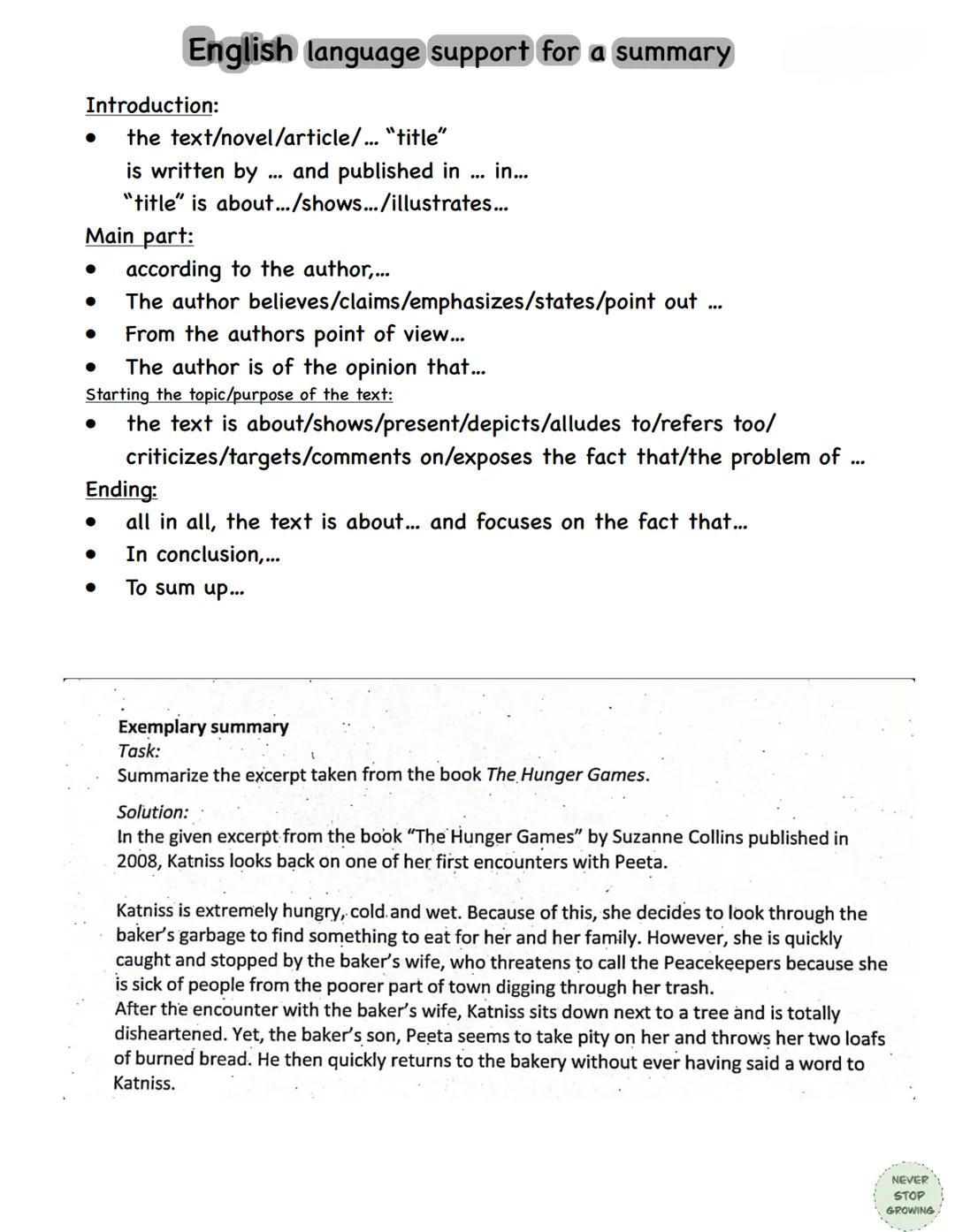 # English How to write a summary

Preparing:
- read the text carefully and highlight key words
- Divide the text into different parts
- Poin