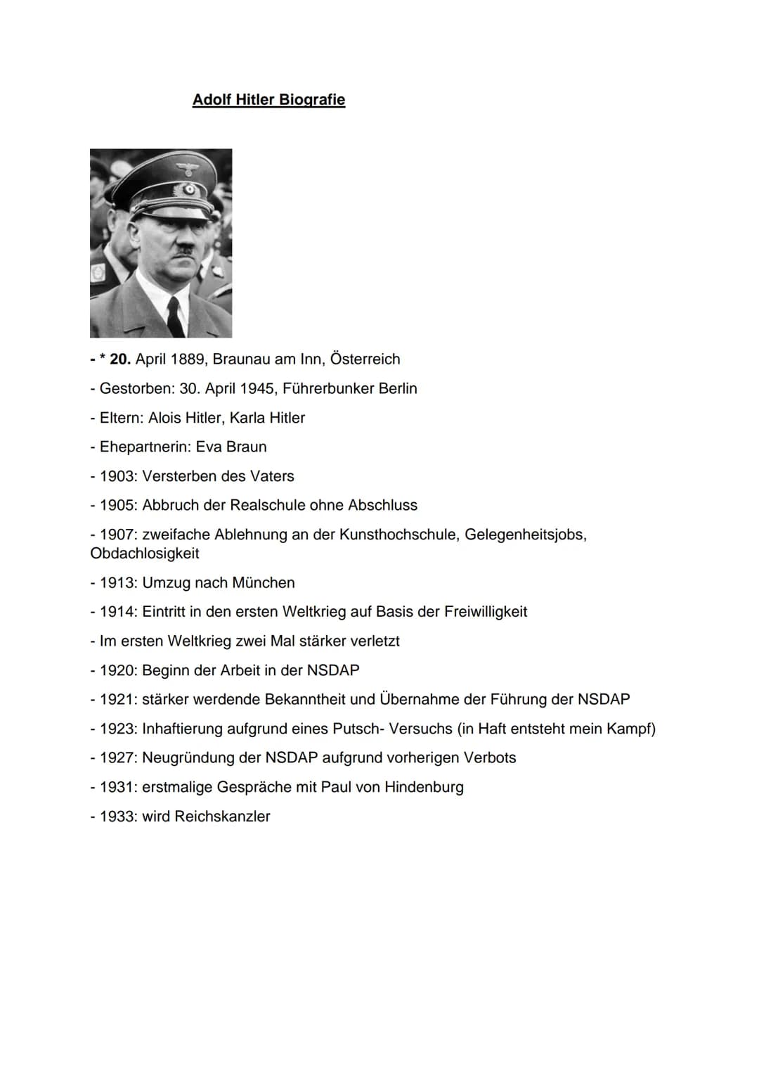 Adolf Hitler Biografie
-* 20. April 1889, Braunau am Inn, Österreich
- Gestorben: 30. April 1945, Führerbunker Berlin
- Eltern: Alois Hitler