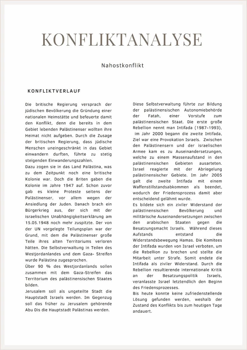 KONFLIKTANALYSE
Nahostkonflikt KONFLIKTANALYSE
KONFLIKTINHALT
Vornehmlich handelt es sich um einen
ungelösten Konflikt im Nahen Osten (auch 