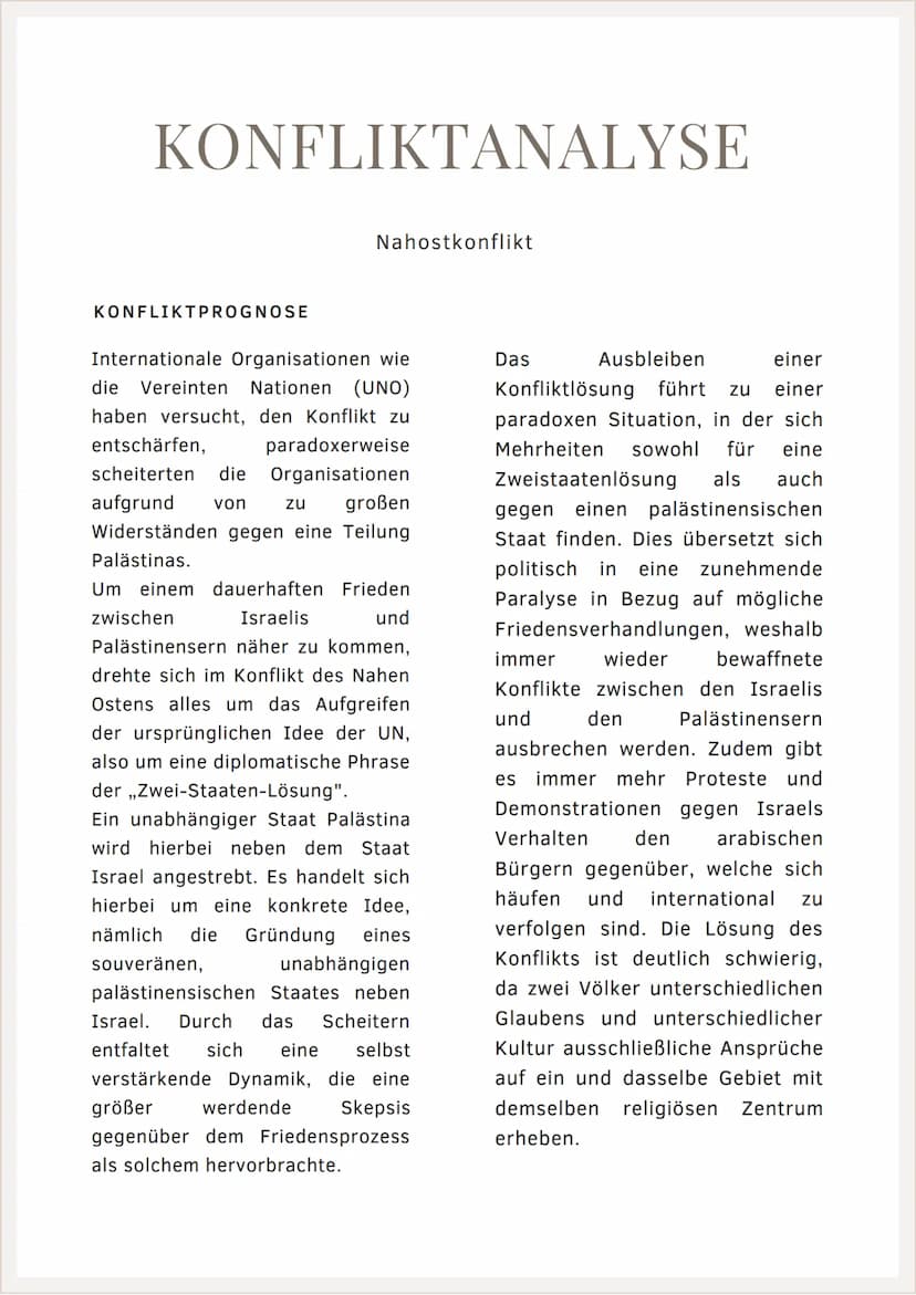 KONFLIKTANALYSE
Nahostkonflikt KONFLIKTANALYSE
KONFLIKTINHALT
Vornehmlich handelt es sich um einen
ungelösten Konflikt im Nahen Osten (auch 