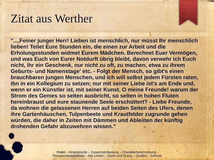 Die Leiden Des jungen Werthers
Hintergründe
Zusammenfassung
Charakterbeschreibung
▸ Personenkonstellation
> Die Leiden
Werther im Sturm und 