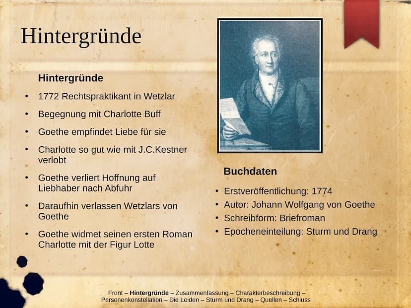 Die Leiden Des jungen Werthers
Hintergründe
Zusammenfassung
Charakterbeschreibung
▸ Personenkonstellation
> Die Leiden
Werther im Sturm und 