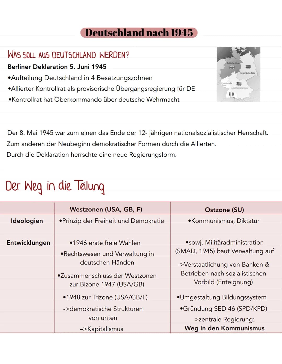 WAS SOLL AUS DEUTSCHLAND WERDEN?
Berliner Deklaration 5. Juni 1945
Aufteilung Deutschland in 4 Besatzungszohnen
•Allierter Kontrollrat als p
