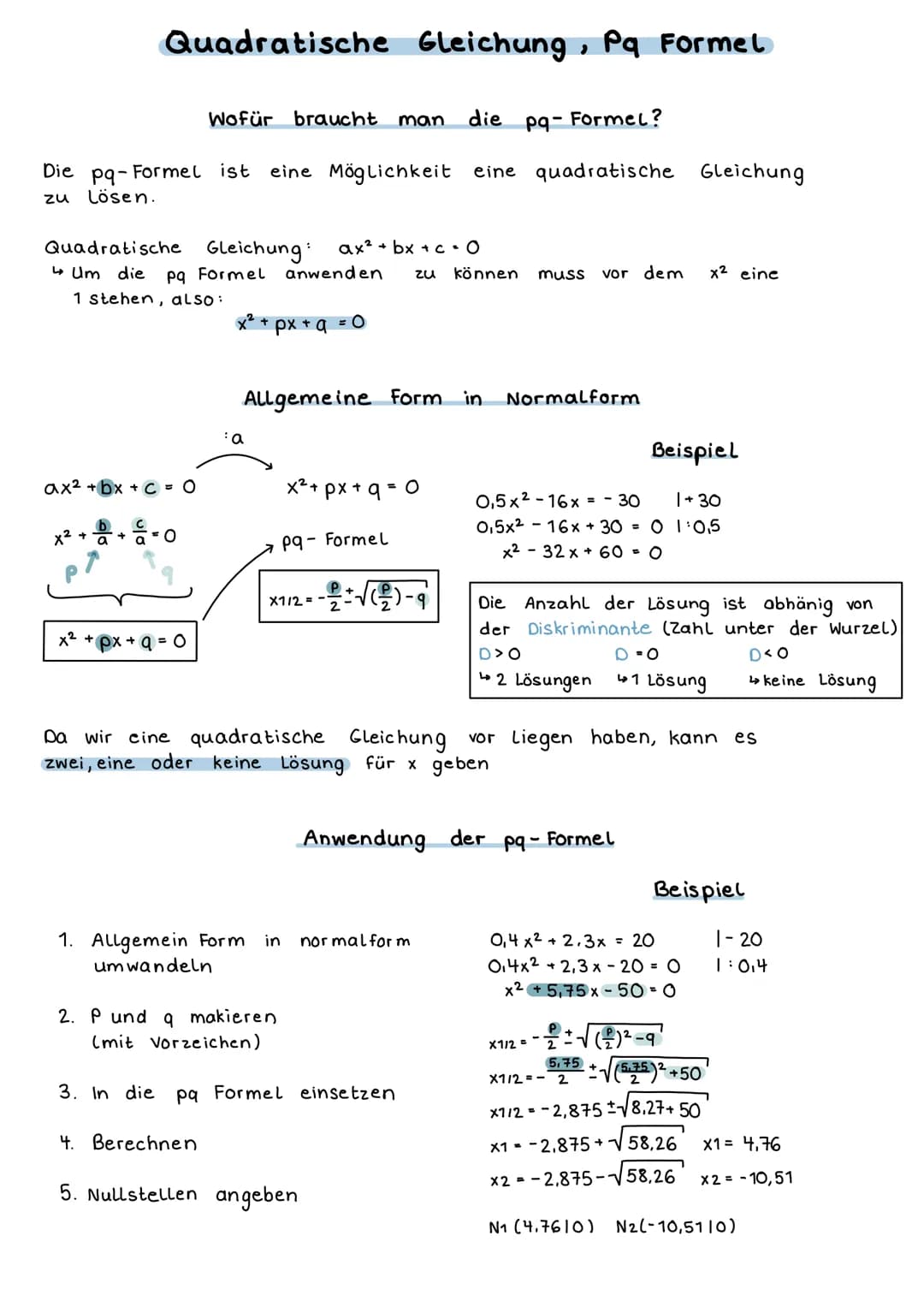Quadratische Gleichung, Pq Formel
Wofür braucht man die
Die pq-Formel ist eine Möglichkeit eine quadratische Gleichung
zu lösen.
Quadratisch