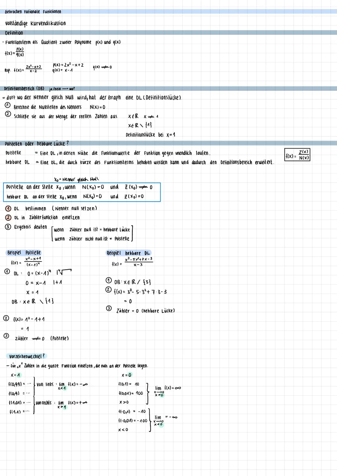 Gebrochen rationale Funktionen
vollständige kurvendiskussion
Definition
- Funktionsterm als Quotient zweier Polynome p(x) und g(x)
P(x)
f(x)