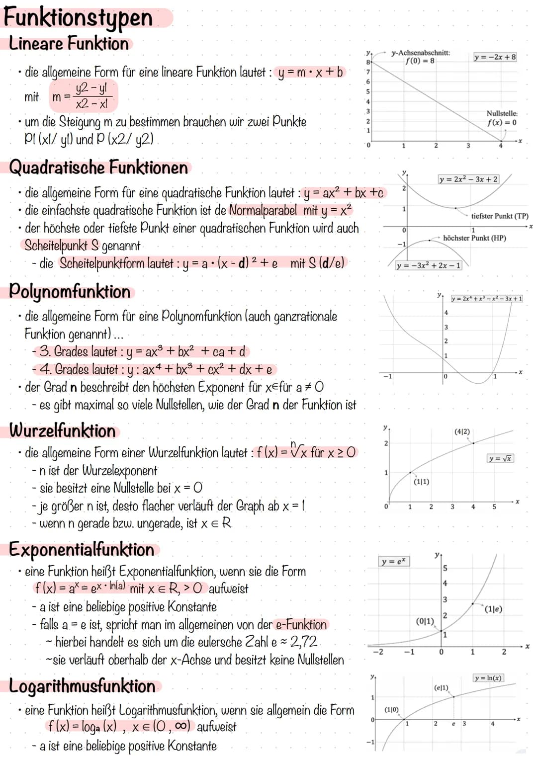 Funktionstypen
Lineare Funktion
die allgemeine Form für eine lineare Funktion lautet: y=mx+b
mit. m =
y2-yl
x2-xl
Polynomfunktion
die allgem