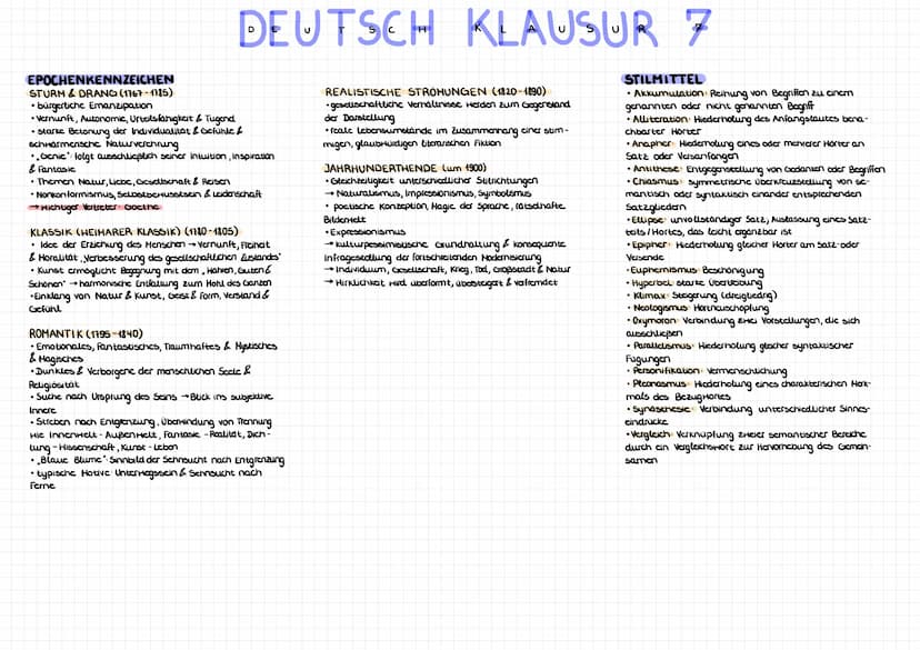 DEUTSCH KLAUSUR 7
EPOCHENKENNZEICHEN
STURM & DRANG (1767-1785)
• bürgerliche Emanzipation
•Vernunft, Autonomic, Urteilsfähigkeit & Tugend
• 