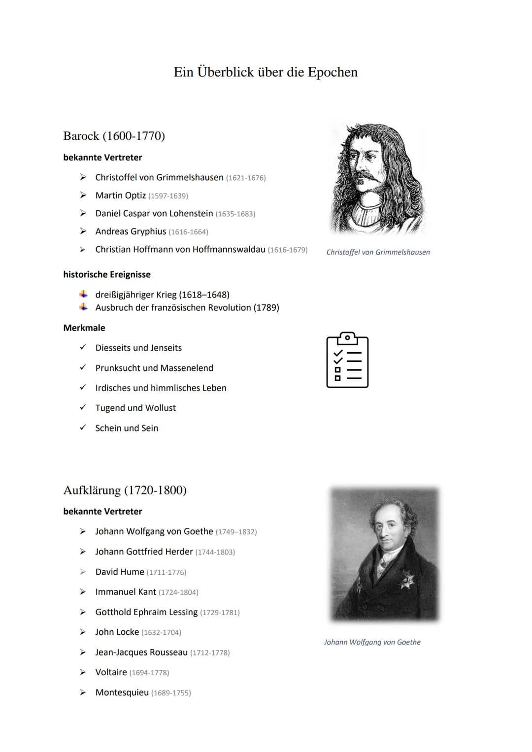 Barock (1600-1770)
bekannte Vertreter
Christoffel von Grimmelshausen (1621-1676)
Martin Optiz (1597-1639)
Daniel Caspar von Lohenstein (1635