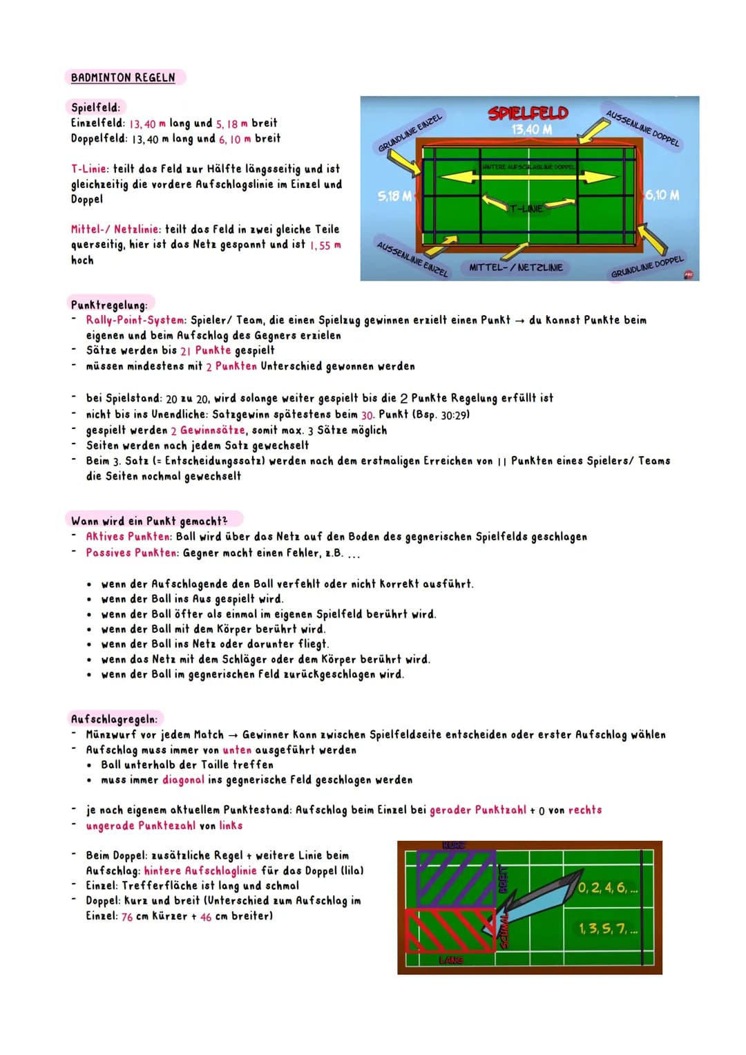 BADMINTON REGELN
Spielfeld:
Einzelfeld: 13,40 m lang und 5, 18 m breit
Doppelfeld: 13,40 m lang und 6, 10 m breit
T-Linie: teilt das Feld zu